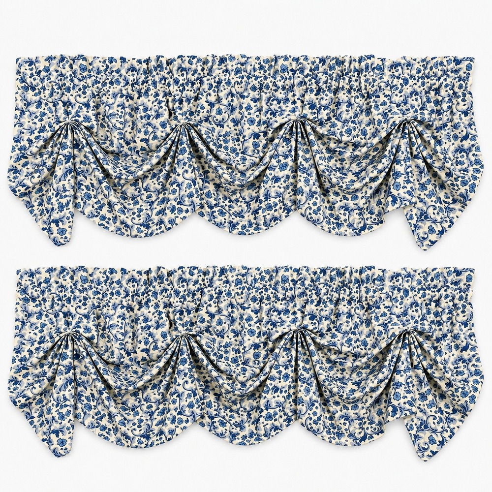Pair Vintage Waverly Blue & White Stencil Vine Valances Cotton 80x20 Scalloped